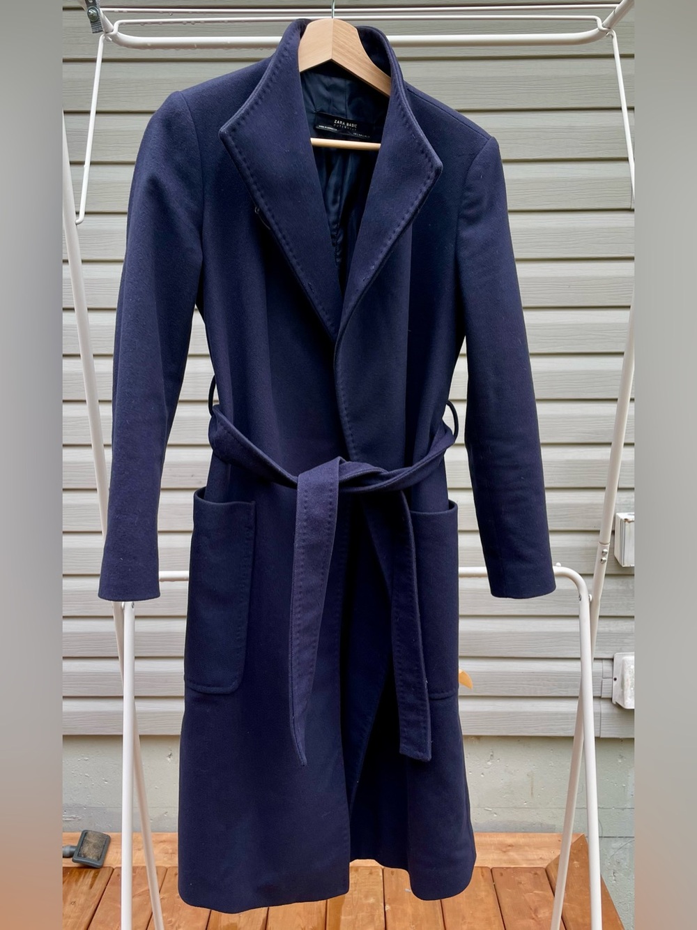 Zara Crossed Collar Coat with Belt, Navy Blue, Size S